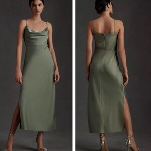 BHLDN Cali Satin Cowl-Neck Midi Slip Dress in Moss Green Sz 2